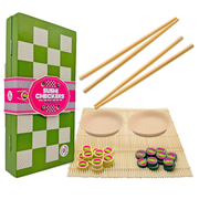 Sushi-themed checkers game set with green box, checkered board, bamboo sticks, and sushi-shaped pieces on a white background.
