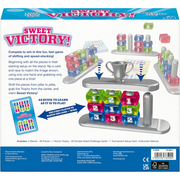 Back of 'Sweet Victory!' box.  Shows game with colorful pieces and trophy on a blue and white background.