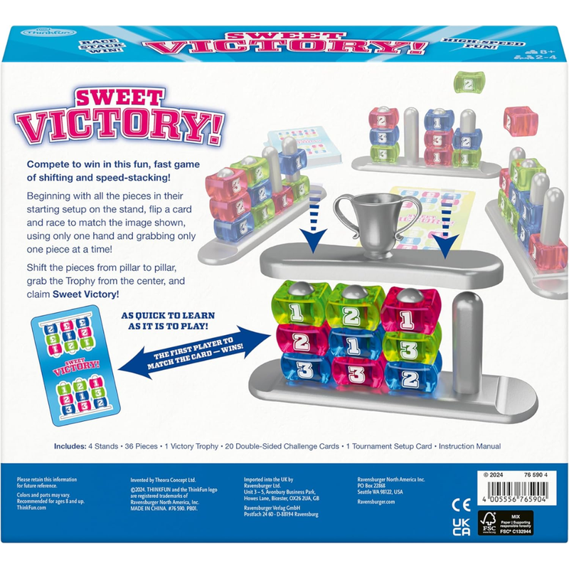Back of 'Sweet Victory!' box.  Shows game with colorful pieces and trophy on a blue and white background.