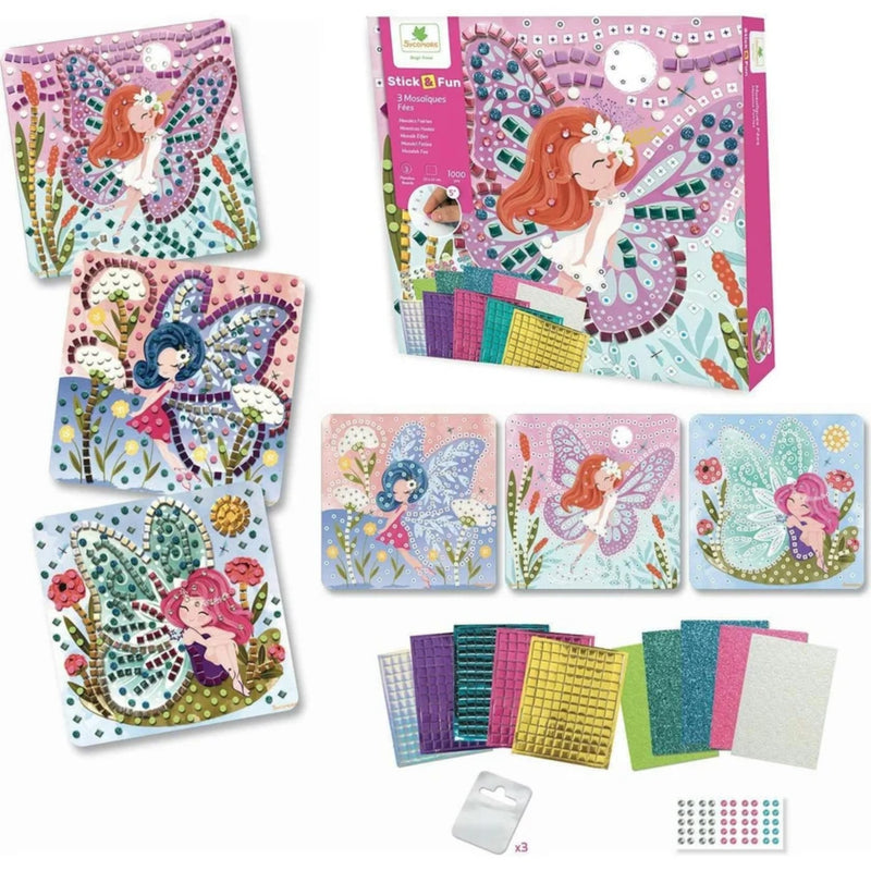 A fairy-themed craft kit shown with its box, several completed diamond painting panels featuring fairies, sheets of colored glitter, patterned stickers, and small tools on a white background.