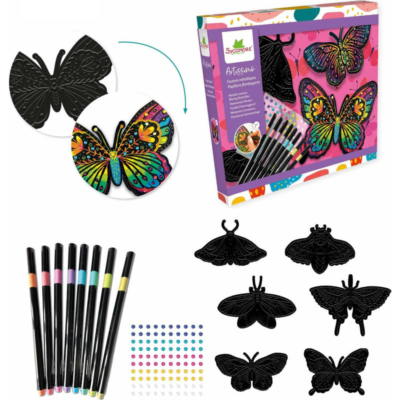 A butterfly craft kit shown on a white background, including a colorful butterfly box, black butterfly silhouettes, multicolor paint pens, and small rhinestone stickers. The image also includes before-and-after butterfly examples demonstrating the black-and-color transformation.