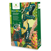 A 3D box view of the 'Sycomore' brand '3 Mosaiques Dinosaures' kit, featuring a colorful illustration of a green and yellow dinosaur built with mosaic tiles on a forest-themed background.