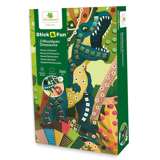 A 3D box view of the 'Sycomore' brand '3 Mosaiques Dinosaures' kit, featuring a colorful illustration of a green and yellow dinosaur built with mosaic tiles on a forest-themed background.