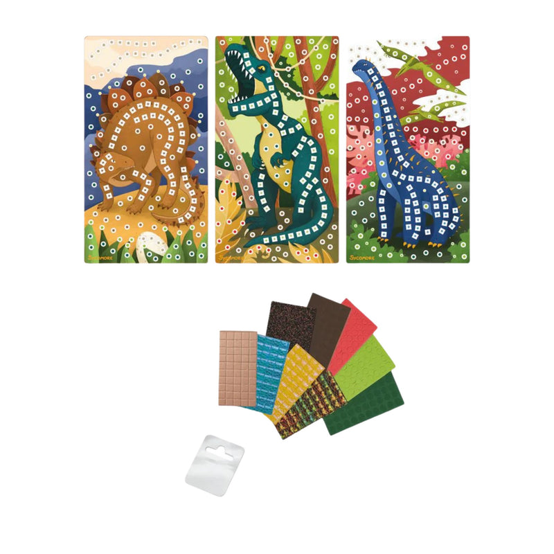 Three colorful dinosaur-themed diamond painting panels shown above a fan of patterned fabric patches and a small white plastic hanger, all on a plain white background.