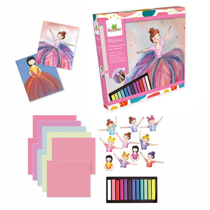 An art kit set displayed on a white background, including a pink illustrated box, a tray of colorful paint sticks, sheets of pastel paper in pink, blue, yellow, and green, and several printed dancer illustrations.