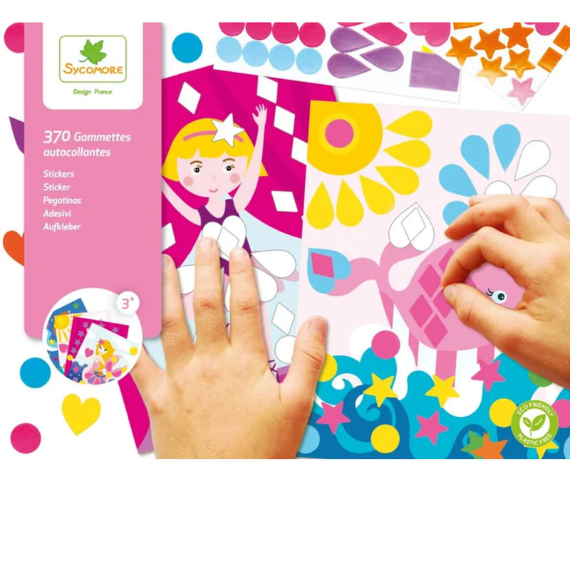 Sycamore Design France sticker set featuring colorful die-cut stickers with cartoon animals and shapes, shown with two hands placing the stickers onto a sheet.