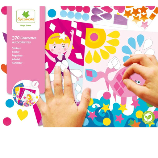 Sycamore Design France sticker set featuring colorful die-cut stickers with cartoon animals and shapes, shown with two hands placing the stickers onto a sheet.