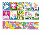 A sheet of colorful sticker-style pieces shown below eight illustrated example cards featuring fairies, flowers, birds, and princess scenes. The lower row contains many small geometric and decorative pieces in bright pink, yellow, blue, green, purple, and orange on a white background.