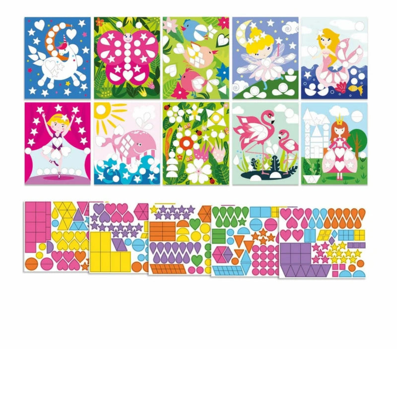 A sheet of colorful sticker-style pieces shown below eight illustrated example cards featuring fairies, flowers, birds, and princess scenes. The lower row contains many small geometric and decorative pieces in bright pink, yellow, blue, green, purple, and orange on a white background.