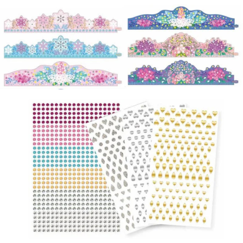 A set of decorative sticker sheets on a white background, including six arched floral/crown designs in pink, blue, and purple, plus several sheets of small repeating motifs in pink, blue, yellow, gray, and white.