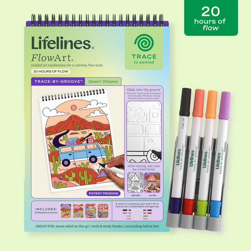Lifelines FlowArt Desert Dreams coloring book with markers on plain background