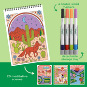 FlowArt Desert Dreams coloring kit with spiral notebook, double-sided markers, and sample pages