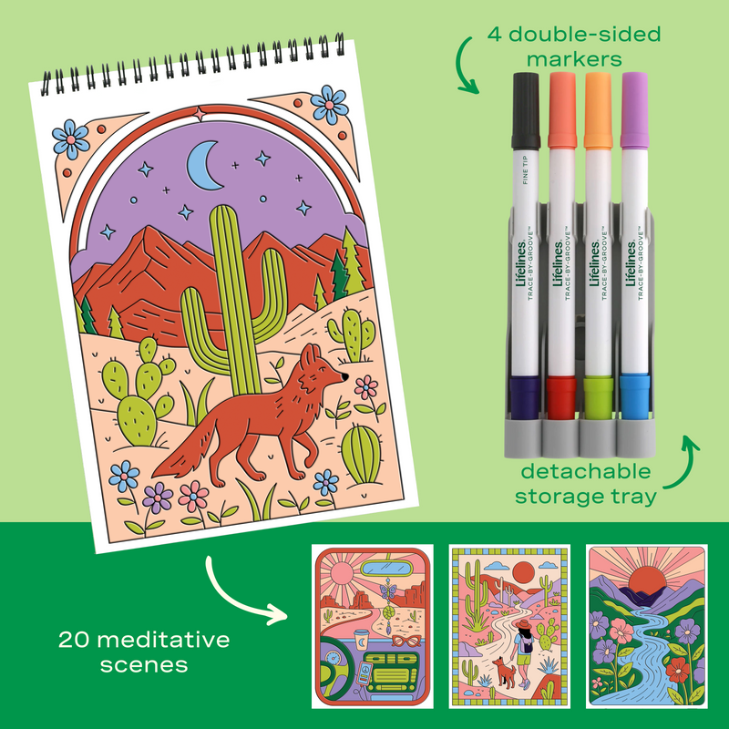 FlowArt Desert Dreams coloring kit with spiral notebook, double-sided markers, and sample pages