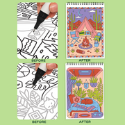 FlowArt trace-by-groove coloring books showing before and after desert camping scenes
