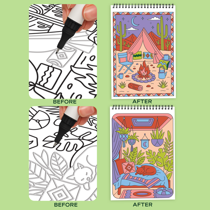 FlowArt trace-by-groove coloring books showing before and after desert camping scenes