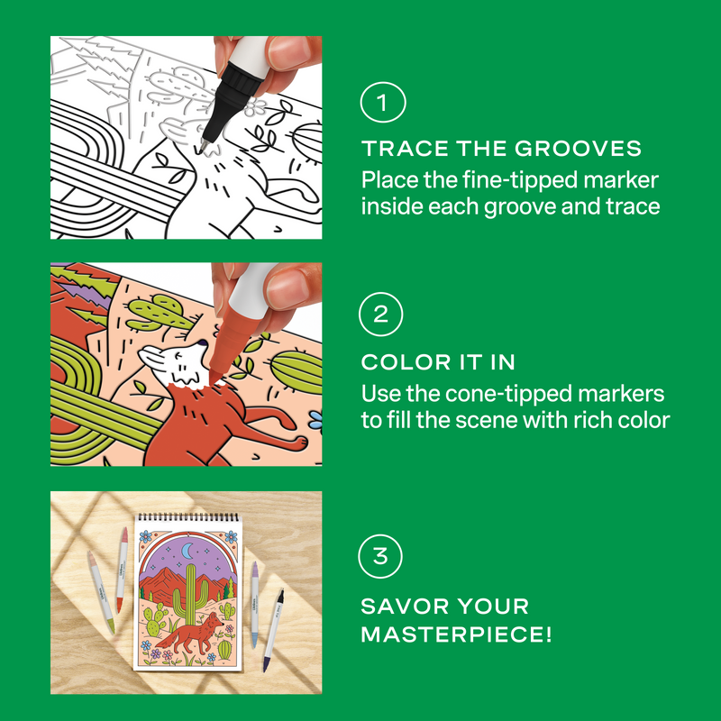 FlowArt trace-by-groove coloring instructional guide showing three-step process with desert scene