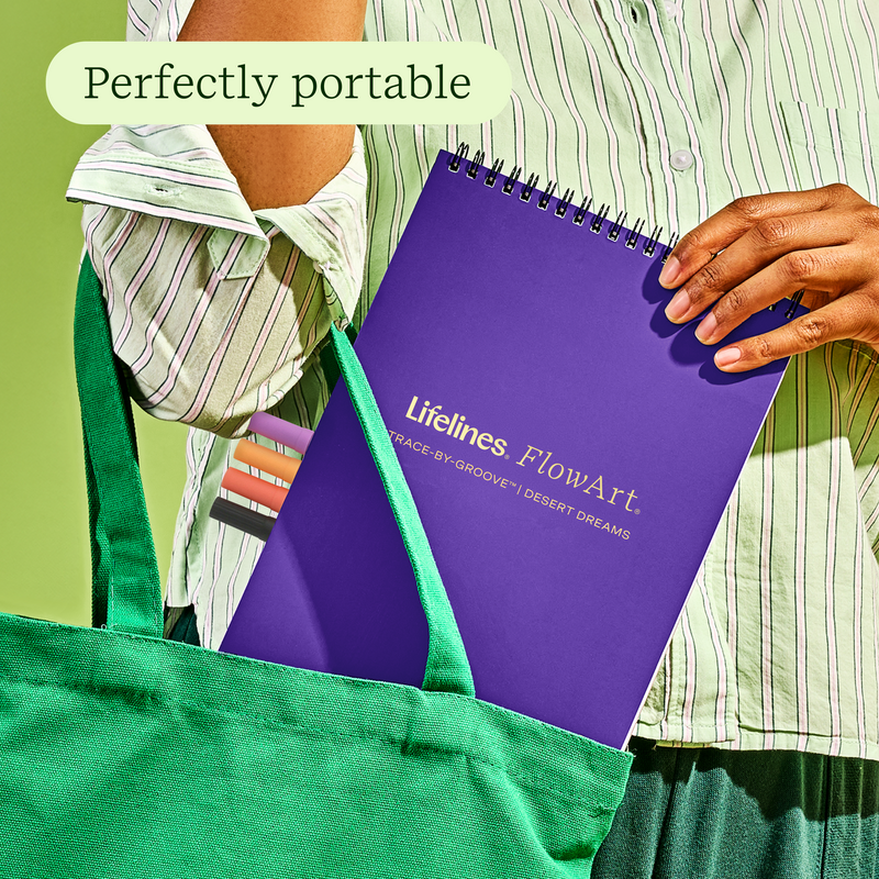 Purple Lifelines FlowArt Desert Dreams notebook in green tote bag with text Perfectly portable