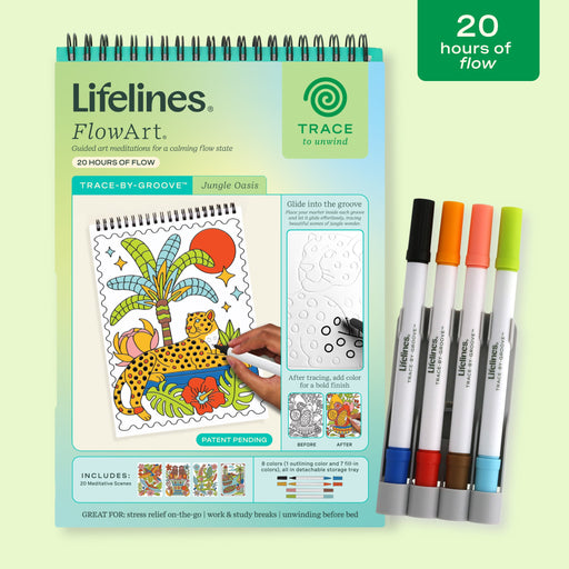 Lifelines FlowArt Jungle Oasis trace-by-groove coloring kit with markers and spiral-bound pad