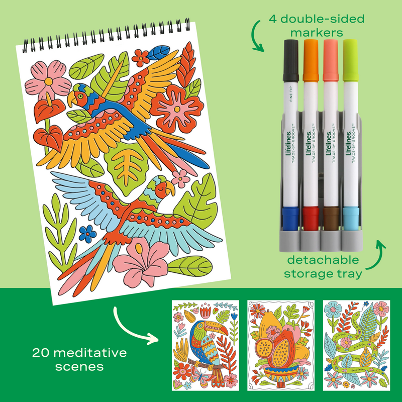 FlowArt Jungle Oasis coloring kit with markers, storage tray and tropical scenes