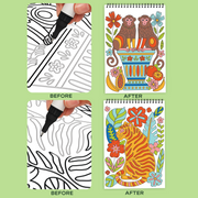 FlowArt Trace-By-Groove coloring book showing before and after jungle themed pages with monkeys and tiger