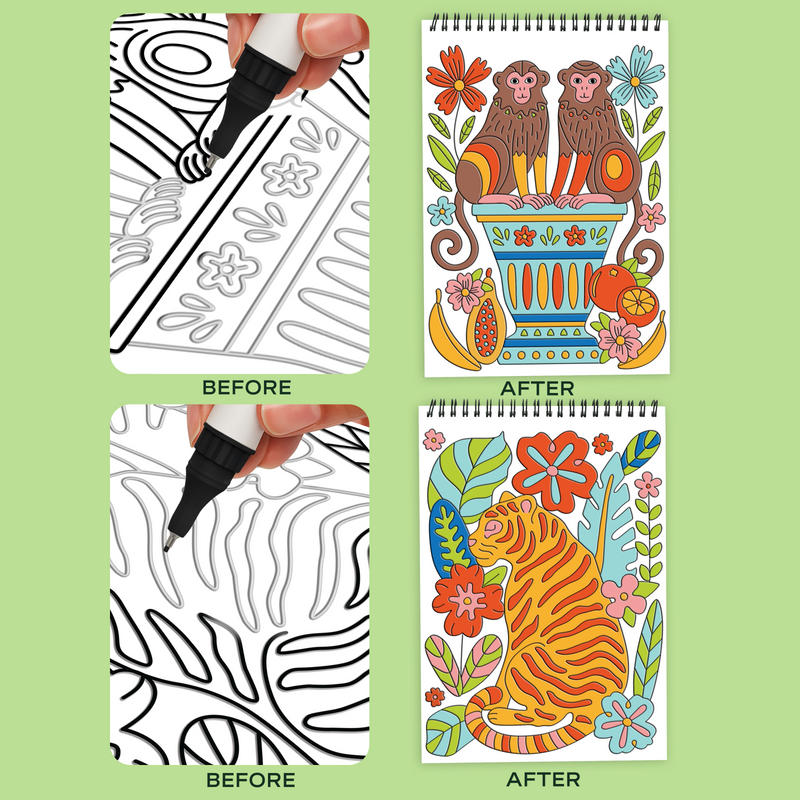FlowArt Trace-By-Groove coloring book showing before and after jungle themed pages with monkeys and tiger