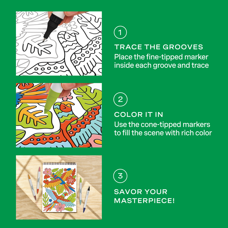 FlowArt trace-by-groove coloring tutorial showing three steps: trace grooves, color in, and finished masterpiece