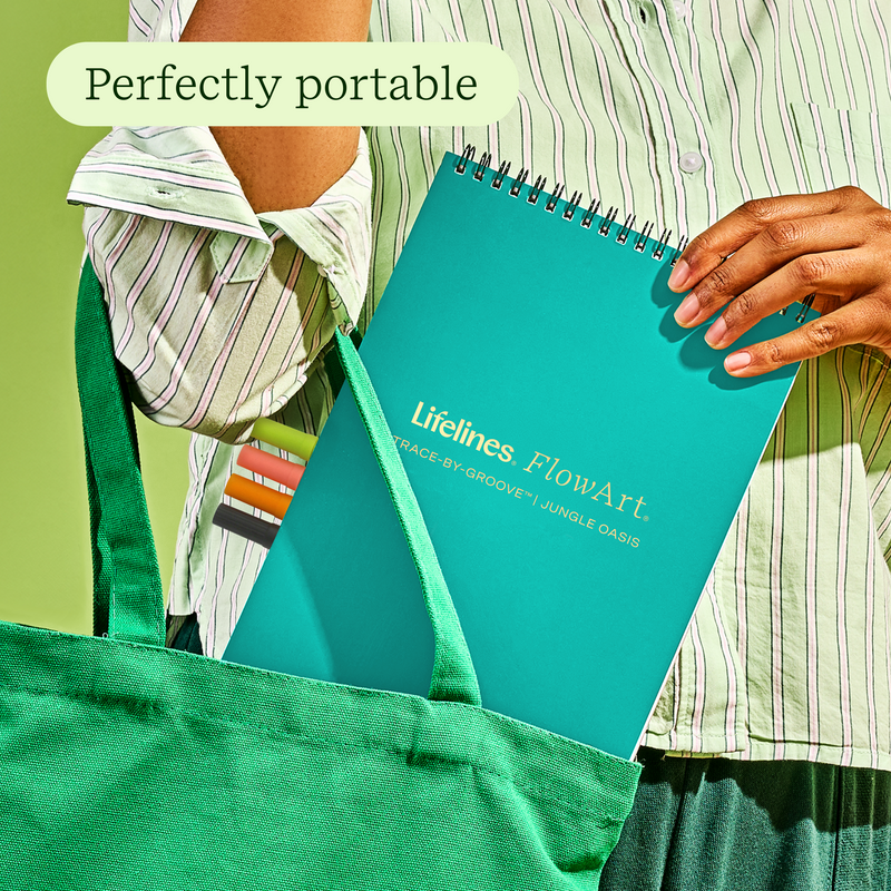 Teal Lifelines FlowArt notebook in green tote bag with perfectly portable text overlay