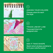 FlowArt instructional guide showing three-step coloring process with trace-by-line technique