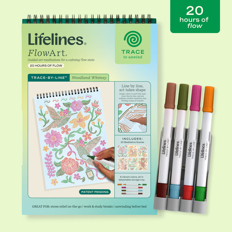 Lifelines FlowArt Woodland Whimsy trace-by-line coloring kit with markers and meditative art book