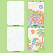 Before and after images showing FlowArt trace-by-letter coloring pages with abstract patterns and tropical scenes