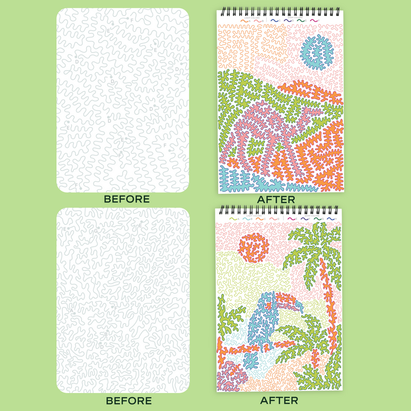 Before and after images showing FlowArt trace-by-letter coloring pages with abstract patterns and tropical scenes