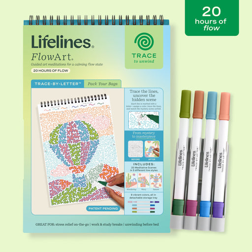 Lifelines FlowArt Trace-By-Letter Pack Your Bags set with colored markers and activity pad