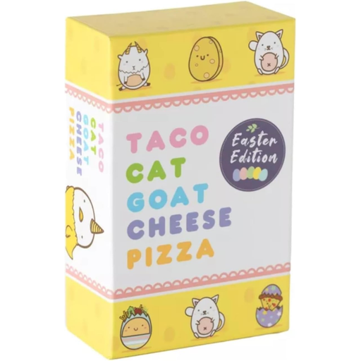 Box of Taco Cat Goat Cheese Pizza with Easter Edition label and cartoon characters on a white background