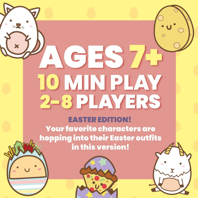 Graphic showing that ages 7+ can play the game, that it's estimated to last 10 minutes for 2-8 players on yellow background.
