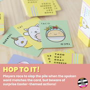 Colorful card game with cartoon characters on a wooden surface, featuring text about the game rules.