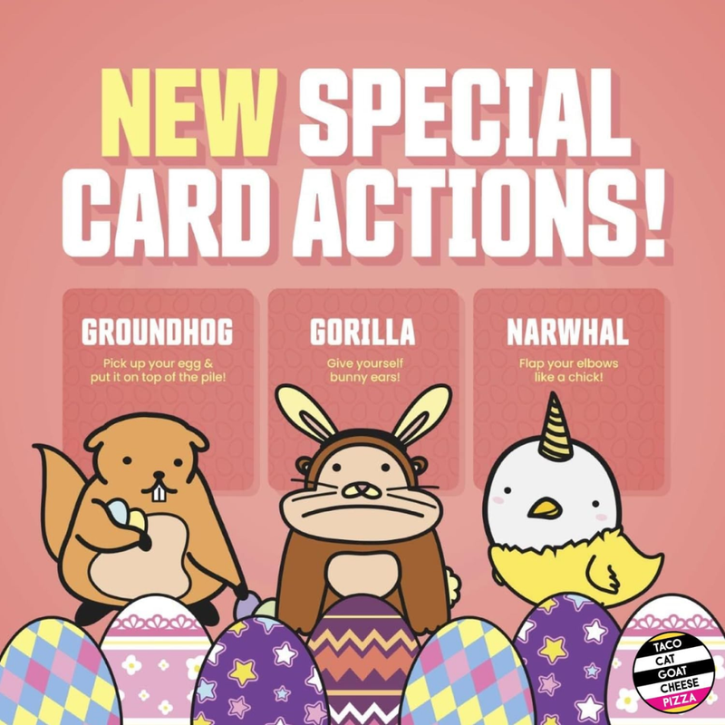 Promotional graphic for new special card actions with cartoon animals and Easter eggs on a pink background.