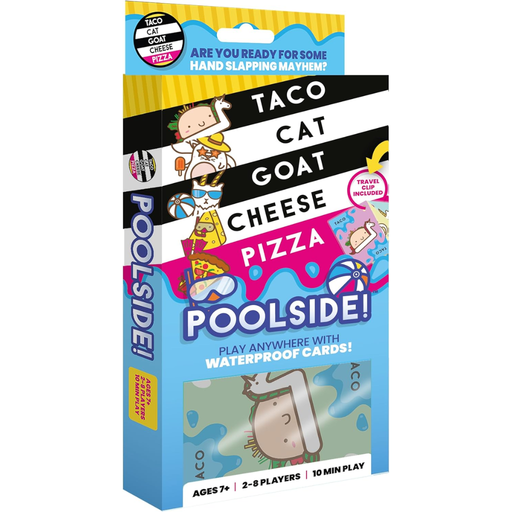 Taco Cat Goat Cheese Pizza Card game packaging with colorful design and with waterproof cards on a white background.
