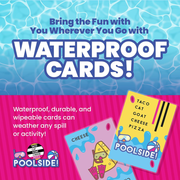 Graphic for waterproof cards with pool-themed design and text.