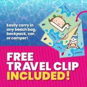 Two cartoon cards with a character and text about taking the game to the pool or camping an putting them in a bag for travel. 