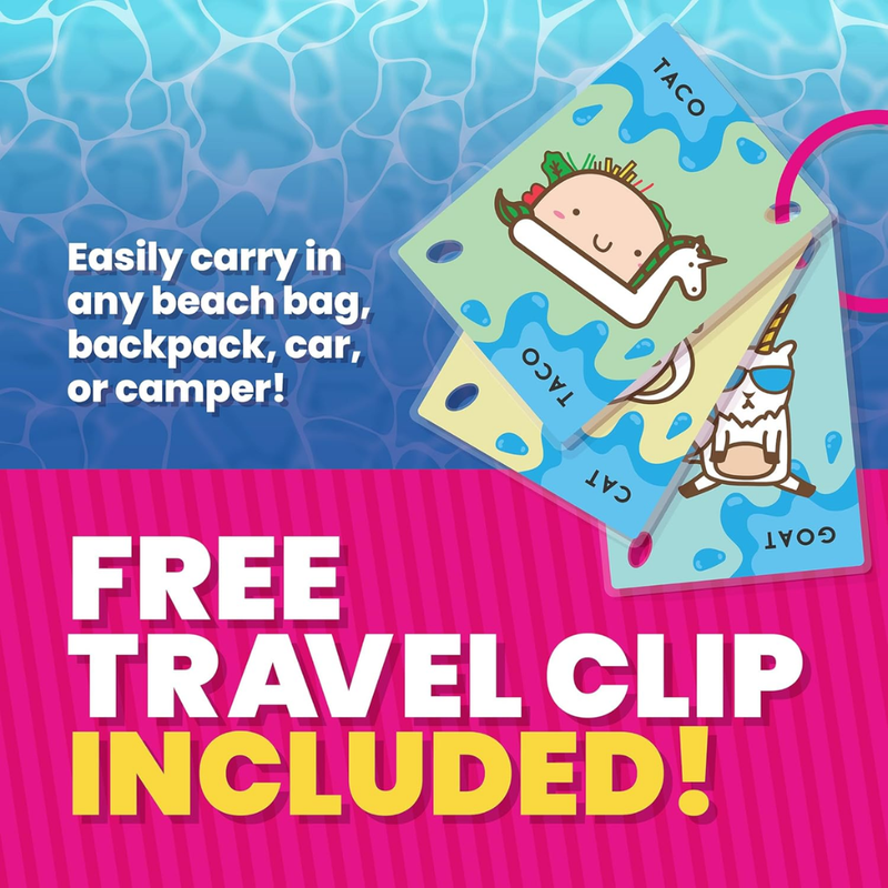 Two cartoon cards with a character and text about taking the game to the pool or camping an putting them in a bag for travel. 