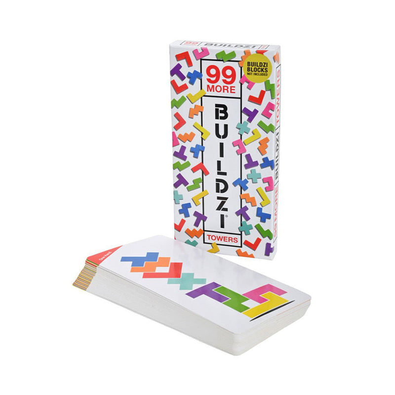 99 More Buildzi Towers game box with colorful tetris-like blocks and card deck