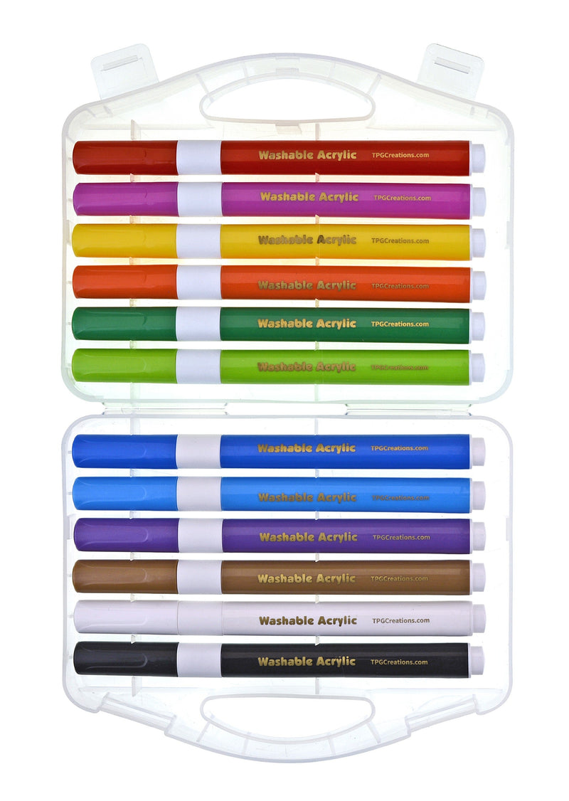 Clear plastic case containing 12 washable acrylic markers in various colors