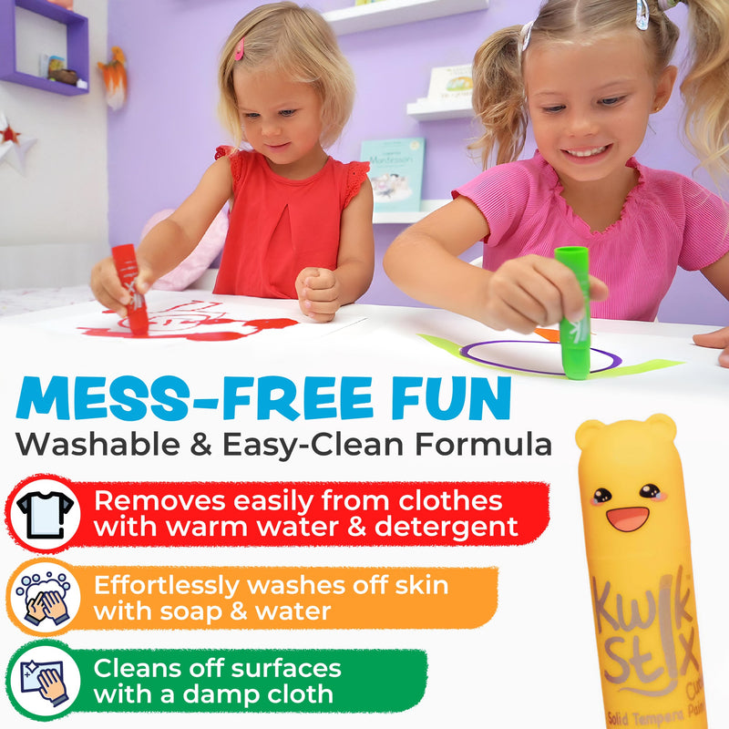 Two children using Kwik Stix paint sticks for mess-free art activities