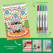 FlowArt coloring set with 4 double-sided markers, storage tray and 20 meditative scenes