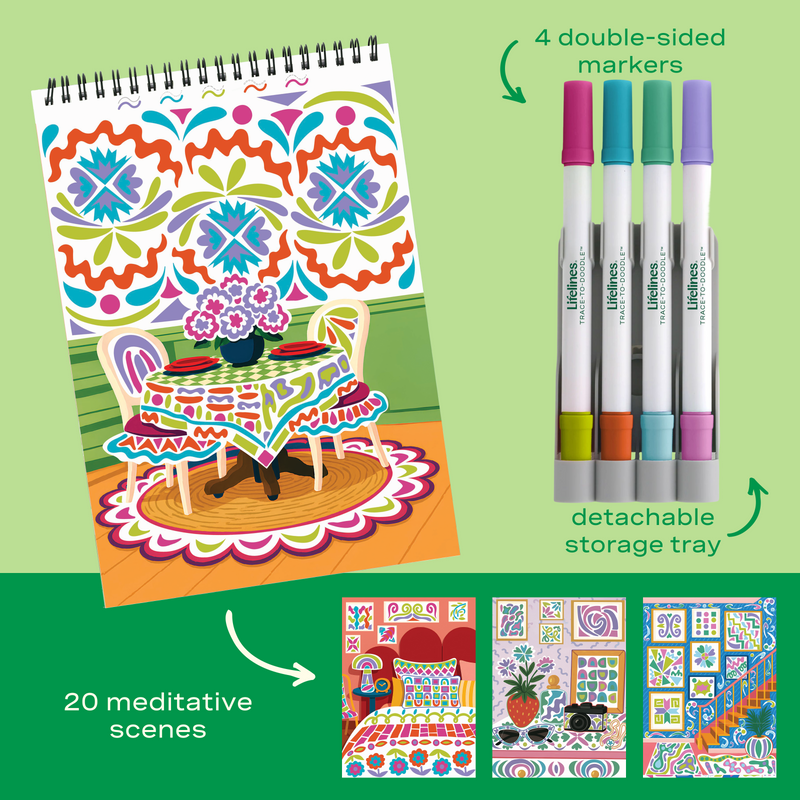FlowArt coloring set with 4 double-sided markers, storage tray and 20 meditative scenes