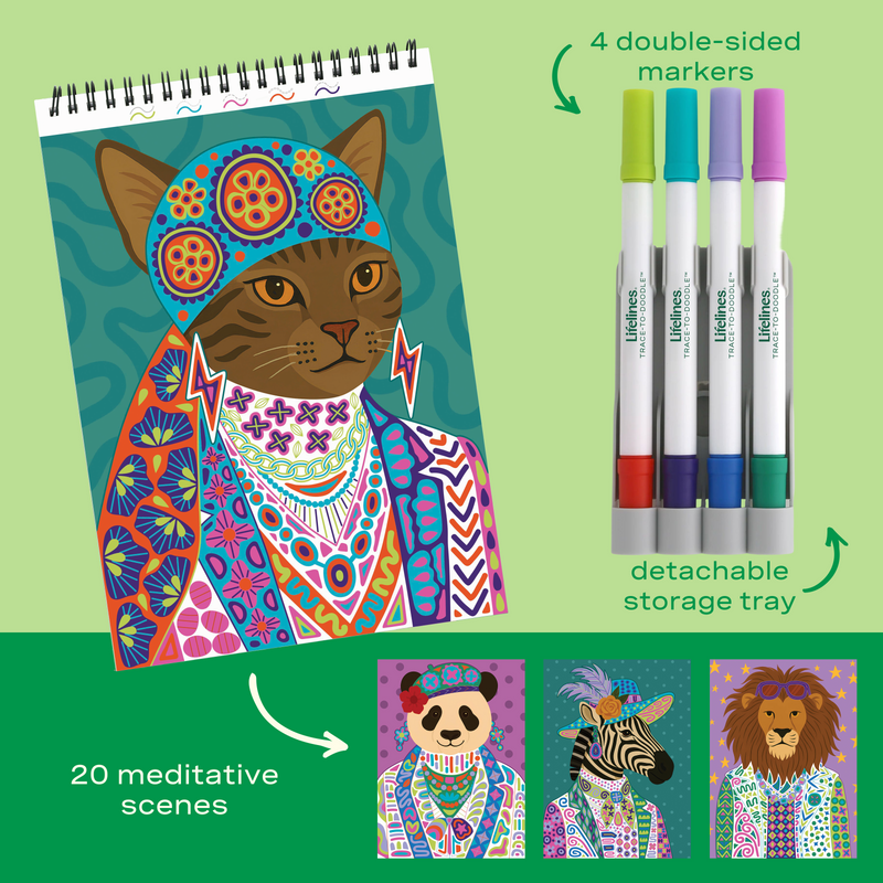FlowArt Wild Style coloring kit with cat artwork, double-sided markers and storage tray
