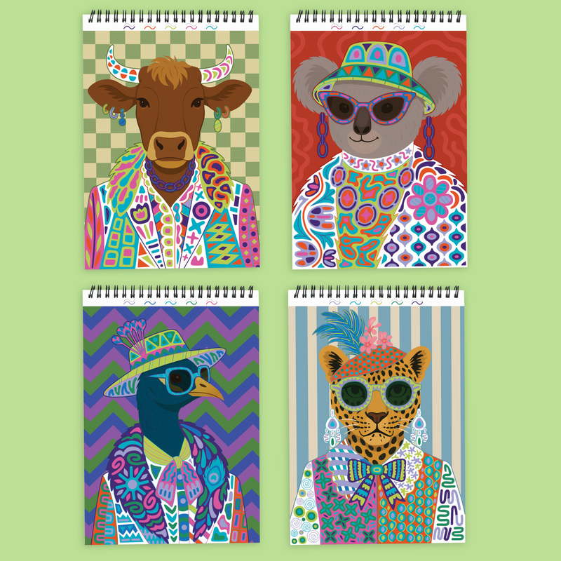 Four spiral-bound coloring books showing animal characters in colorful wild style patterns