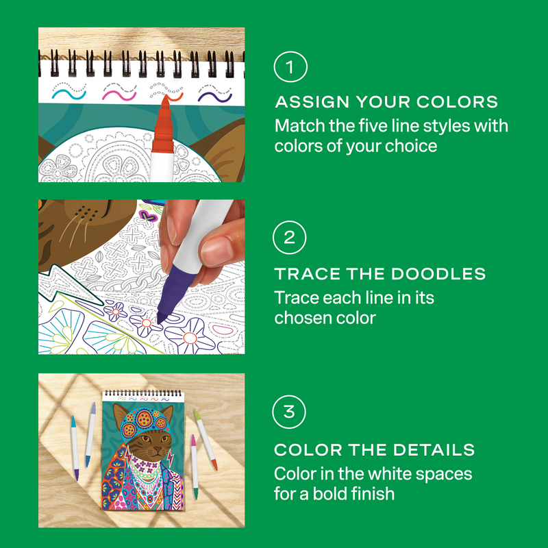FlowArt trace-to-doodle instructions showing three steps: assign colors, trace doodles, color details