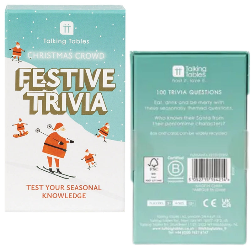 Front and back of Festive Trivia game from TTT Games on a white background.