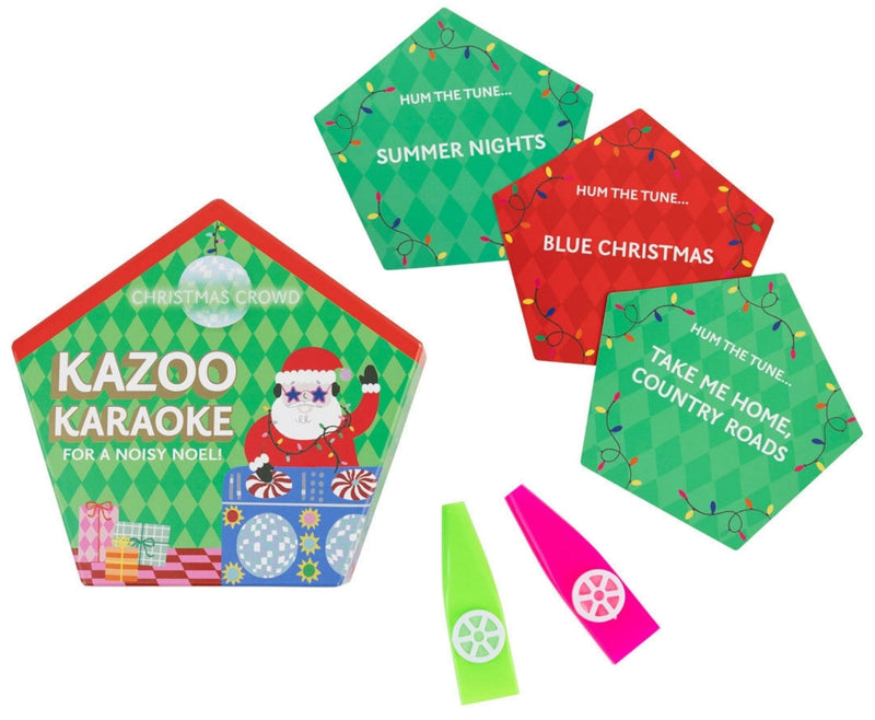 Box, playing cards and kazoos for TT Games holiday Kazoo Karaoke on a white background.